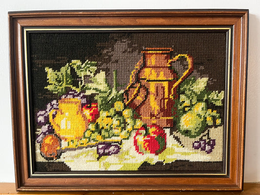 80's HANDMADE NEEDLEPOINT FRUIT FRAME